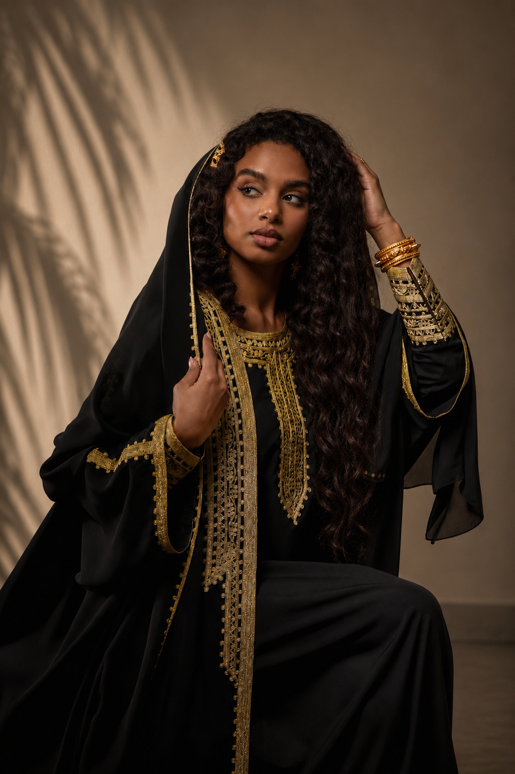A woman wearing a black traditional outfit with ornate gold embroidery and a matching black head covering, posed against a warm beige background with soft shadow overlays.